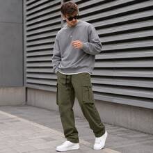 Men's Olive Green Cargo Pants, Loose Fit Drawstring Waist Streetwear Pants, Multi Pocket Casual Jogger Style Pants For Daily Wear, Outdoor, Travel & Hip Hop Outfits - Military Green - View 2