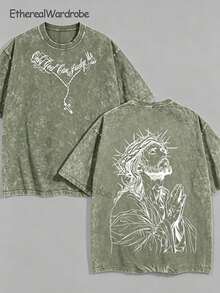 Men's Washed Cotton T-Shirt, Only God Can Judge Me Jesus T-Shirt Washed Christian Pattern T-Shirt Cotton Streetwear Summer Clothing Faith Theme Shirt - 綠色 - 查看 10