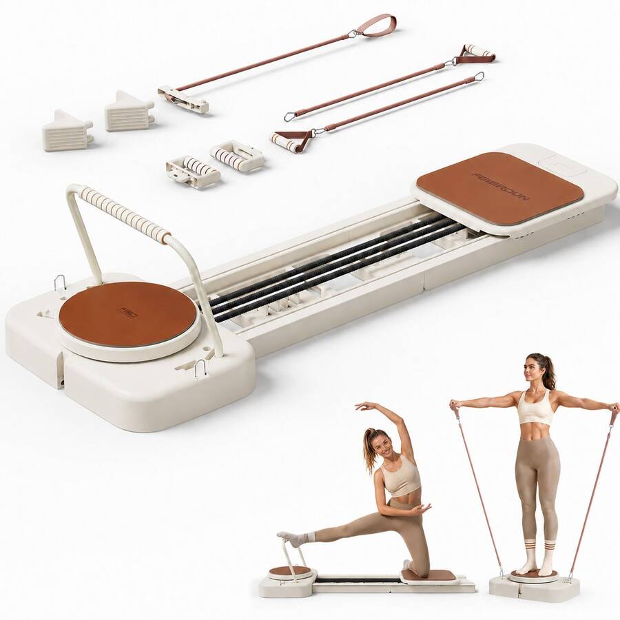 FEIERDUN Pilates Reformer, Foldable Pilates Equipment For Home Workouts Adjustable Resistance, Smooth & Quiet Glide, Suitable For Beginners, Up To 220 Lbs Weight Capacity, Easy Assembly