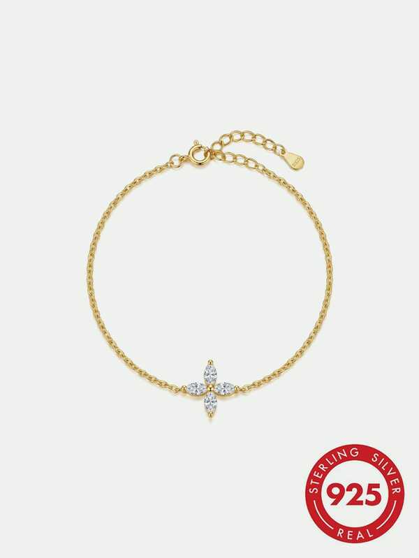 Minimalist Lucky Four Leaf Clover S925 Silver Thin Bracelet, Marquise Zirconia Anti Allergy Jewelry For Daily Office Casual Wear