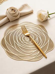 1-6pcs Gold Rose Hollow Placemats, Luxury Modern PVC Irregular Flower Heat-Insulating Non-Slip Table Mats, Suitable For Wedding, Dinner Party, Christmas, Valentine's Day Table Decor, All Seasons - Multicolor - View 2