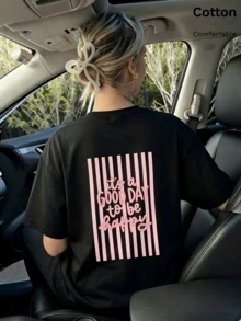 Damen T-Shirt mit kurzen Ärmeln und lockerem Schnitt, rosa gestreift, Rückendruck mit "It's a Good Day to Be Happy"-Slogan, einfaches Freizeit-Shirt für den Alltag - Schwarz - Übersicht 5