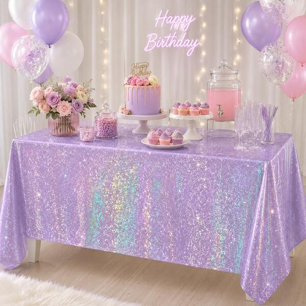 1/3pcs Holographic Laser Purple Party Tablecloth, Rainbow Shiny Disposable Plastic Tablecloth, Suitable For Birthday, Wedding, Bridal Shower, Anniversary And Other Party Decorations, Purple Pink Glitter Holiday Table Setting