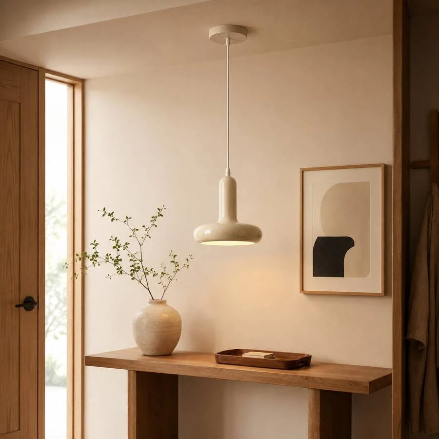 1PC Vintage Cream Style Ceramic Texture Pendant Light, E27 Socket Minimalist Creative UFO Shape, Dining Room Bar Counter Entryway Bedroom Single Head Decorative Pendant Light (Bulb Not Included) - White - View 1