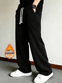 Men's Letter Patchwork Thermal Lined Loose Corduroy Casual Long Pants - Black - View 2