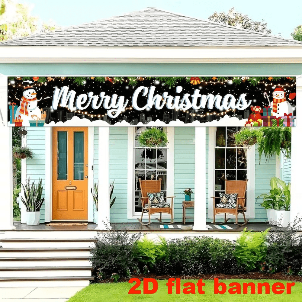 قماش خلفية سياج عيد الميلاد ثنائي الأبعاد، يتميز بعبارة "Merry Christmas" بأحرف فنية بيضاء، رجل ثلج، سلسلة من الأضواء الملونة وصندوق هدايا. مزين بأغصان الصنوبر وندفات الثلج وظلال المدينة دون الحاجة إلى مصدر طاقة