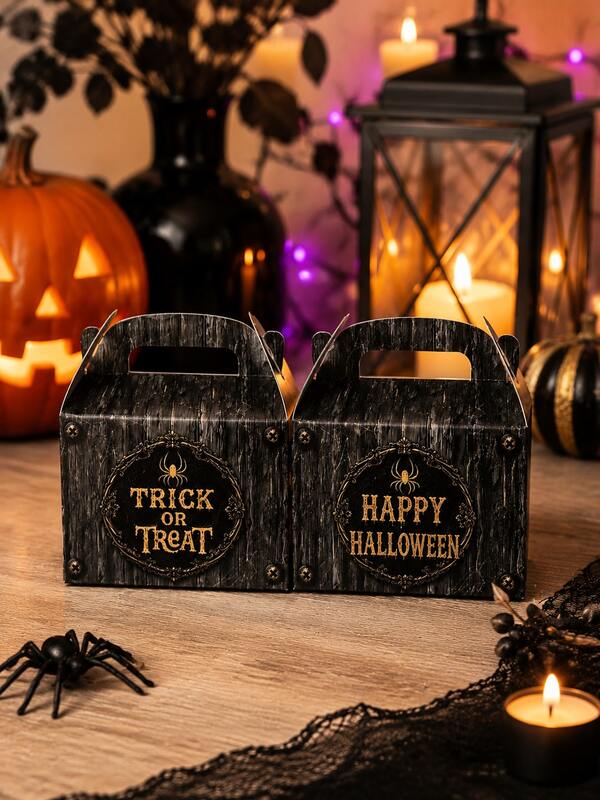 12/24PCS Halloween Party Favor Boxes, Vintage Trick Or Treat Candy Gift Boxes, Black Gothic Treat Boxes For Halloween Party Decorations