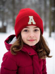 1PC Children's Knitted Hat With 26 Letters Pattern, Solid Color Knitted Caps, Children Hats For Girls, Warm Beanies For Outdoor, Autumn/Winter - Red - View 2