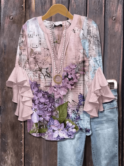 Women's V-Neck Printed Bohemian-Style Three-Quarter Sleeve Top Features A Classic Design, Suitable For Everyday Wear, Holidays, And Vacations. The