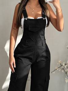 Autumn Popular Solid Color Cargo Pocket Wide Leg Overall Jumpsuit For Commuting Halloween - Black - View 3