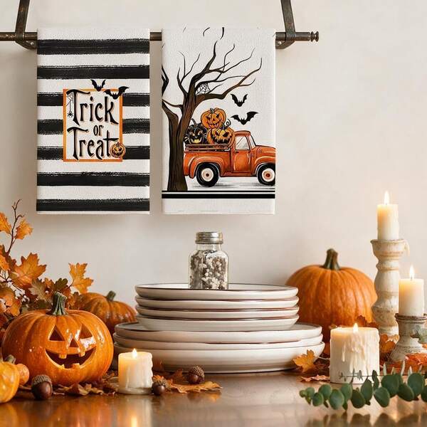 2/4/8pcs Halloween Pumpkin Truck Pattern, Soft And Absorbent Hand Towels, Made Of Polyester, Machine Washable, Perfect For Kitchen Decor, Cooking, Baking, Holiday Decoration And Bathroom, Dining Table Decor, Kitchen Supplies, Halloween Home Decor, New Home Bathroom Entry Gift