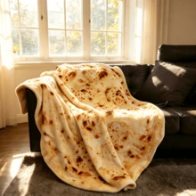 1pc Flannel Blanket With Baked Pancake, Taco, Pizza, Burger, Donut Pattern Print, Novel Soft And Comfortable Flannel Blanket For Nap, Office, School, Home, Picnic, Travel, Gift - Apricot - View 4