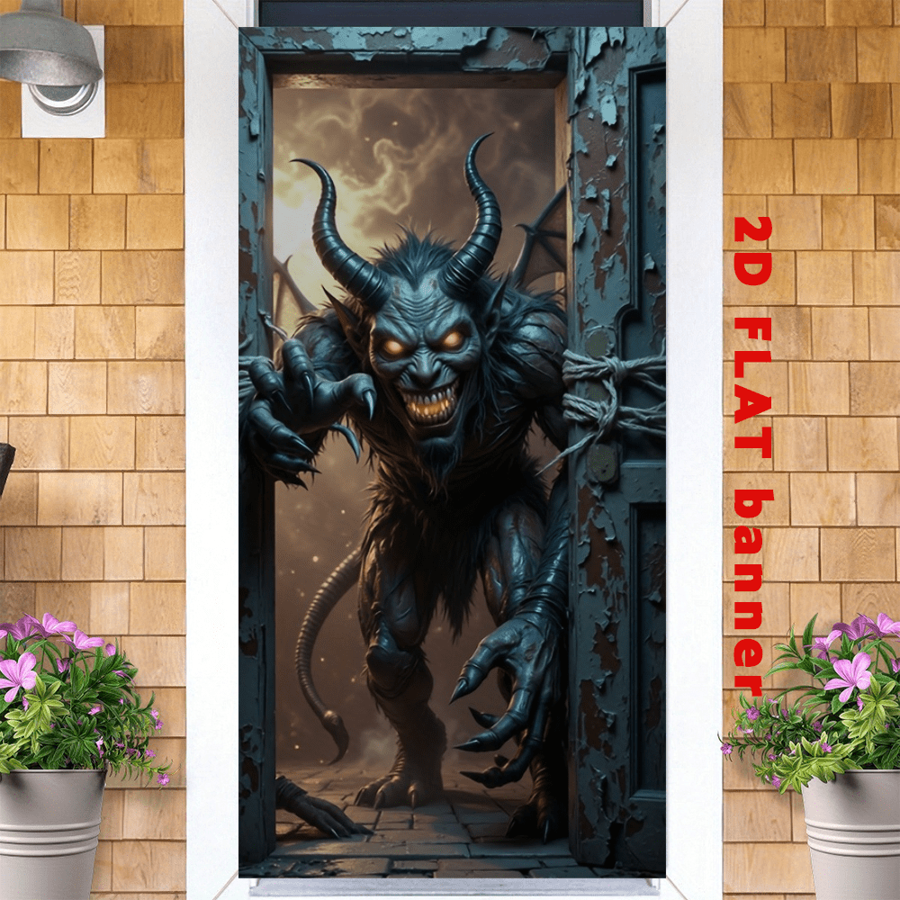 2D Flag - Halloween Dark Horn Demon Theme Background, With Distressed Door Demon Pattern. Made Of Polyester Material, Can Be Used Without Power Supply.