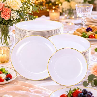 Bộ 50/25/20 đĩa ăn viền vàng trắng, gồm đĩa 10.25 inch và 7.5 inch, đĩa salad viền vàng cao cấp, đĩa tiệc, đĩa bánh, phù hợp cho Halloween, quà Giáng sinh, họp mặt gia đình, tiệc tùng, ngoài trời, đám cưới, nhà hàng, nhà bếp, bộ đĩa ăn