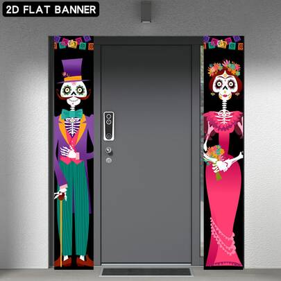 2D Flat Flag, 2D Flat - 1pc 2D Flag Day Of The Dead Theme Welcome Banner Background, Skeleton Couple Design With Dressed Up Male And Female Skeleton Figures And Colorful Triangle Bunting Elements, Made Of Polyester Material, No Power Required, Simple Operation, Suitable For Day Of The Dead Theme Party Decoration, Can Be Used As Door Decoration, Photo Backdrop, Suitable For Home Gatherings, Store Events, Outdoor Theme Events, Studio Arrangement, Holiday Gifts, Suitable For Indoor And Outdoor Use, Decoration Style Full Of Exotic Holiday Atmosphere