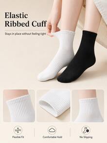 1-20Pairs Solid Combed‑Cotton Mid‑Calf Socks, Elastic Breathable & Versatile, Ideal For Students, Office‑Workers And Sports Lovers Back To School - Multicolor - View 6