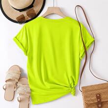 Women's Cotton T-Shirt, "Travel Is My Relax" Letter,Airplane & Heart Print,Loose Round Neck Short Sleeve Tee,Breathable For Summer Daily Wear - 螢光綠 - 查看 4