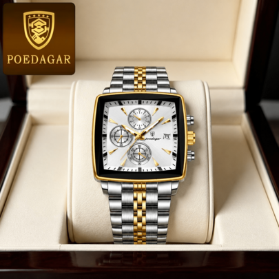 POEDAGAR Men's Luxurious Stainless Steel Luminous Water-Resistant Simple White Calendar Square Dial Quartz Watch Business Birthday Or Festival Gift