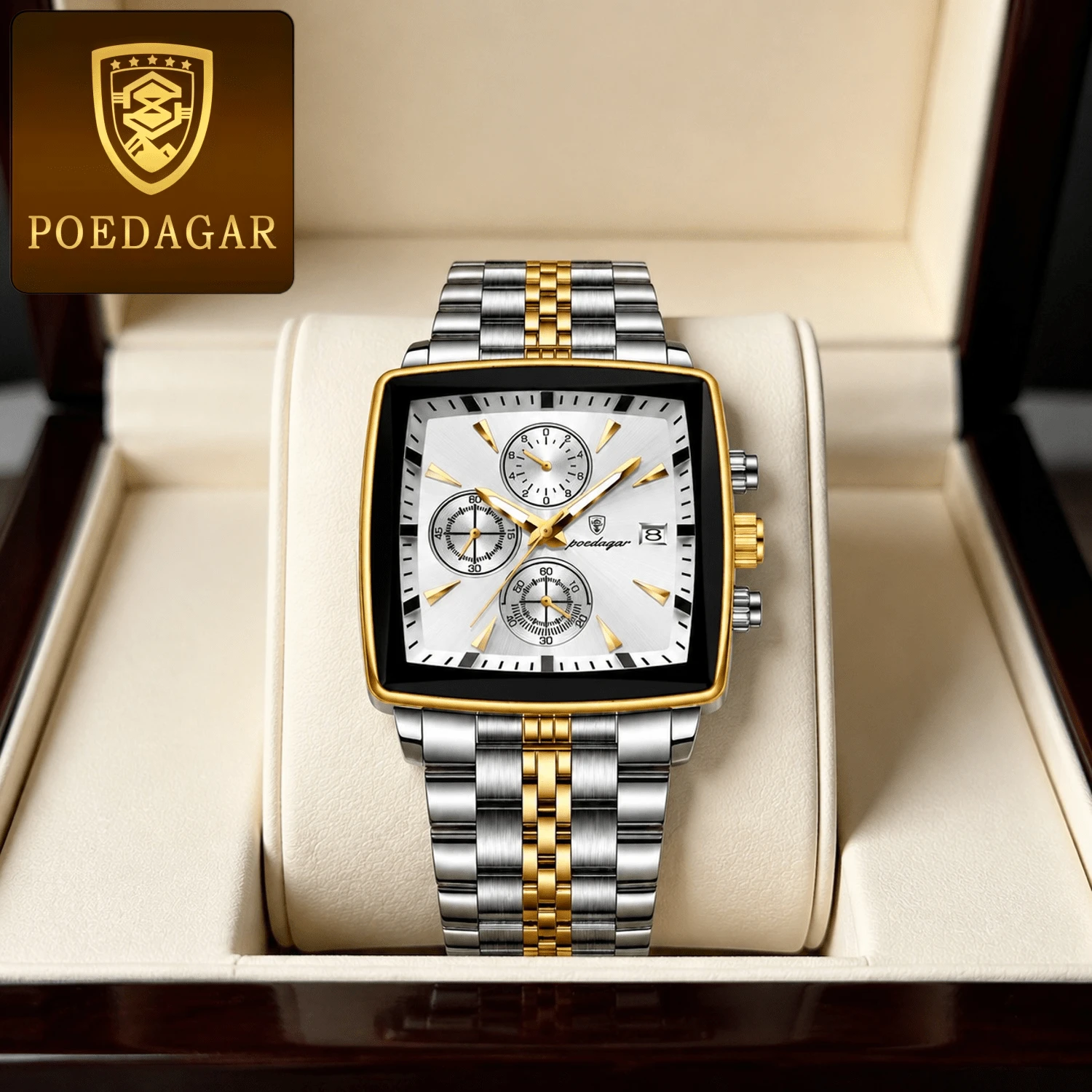 POEDAGAR Men's Luxury Stainless Steel Luminous Waterproof Minimalist White Calendar Square Dial Quartz Watch, Business Birthday Or Holiday Gift