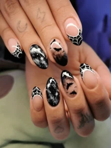 24pcs Halloween Almond Shape Press-On Nails, Glossy Nude To Black Gradient Fake Nails, Bat Spider Web Starry Sky Print, Reusable Full Coverage Acrylic False Nails, Suitable For Women Halloween Party, Cosplay, Gothic Style Manicure - Multicolor - View 1