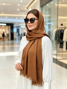 1pc New Stylish Classic Versatile Soft & Skin-Friendly Multifunctional Polyester Bamboo Texture Fringed Rectangular Scarf/Headscarf/Shawl For Women, Suitable For Daily Wear, Sunscreen - Denim Blue - View 25