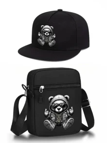 1件/2件裝 Cool Bear 個性化圖案印花中性平帽簷嘻哈棒球帽與斜跨包，街頭時尚戶外運動棒球帽平帽簷帽子與包，可調節，適合日常穿著與禮物 - 彩色 - 查看 12