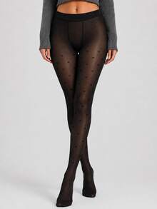 200g Fleece Lined Fake Translucent Tights, Mini Bowknot Patterned Thermal Warm Black Pantyhose, 1 Pair - Black - View 5