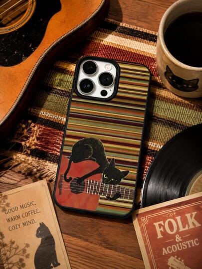 1pc Black Litchi Texture Retro Color Block Horizontal Stripe Guitar Black Cat Hand-Painted Print Phone Case, Vintage Coffee Artistic Vibe Shockproof Protective Cover Suitable For IPhone17/16/15/14/13/12/11/Pro/Pro Max/Plus, Perfect Gift For Couples, Family And Friends