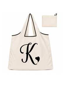 Sac cabas blanc à la mode avec initiale artistique A-Z noire, design avec bordure noire, matériau en taffetas enduit de polyester, sac de courses pliable et portable, sac cabas grande capacité pour femmes avec design facile à plier, convient pour un usage quotidien, les voyages, les vacances, l'école, la rentrée scolaire, le travail et les courses, chariot multifonctionnel, poignée robuste, cadeau pour la fête des enseignants, saison de la rentrée scolaire, fête de l'indépendance, voyage de vacances - Multicolore - Voir 29