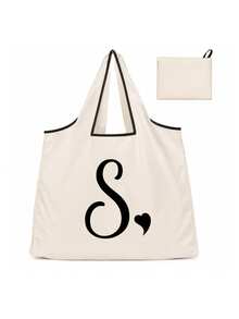 Sac cabas blanc à la mode avec initiale artistique A-Z noire, design avec bordure noire, matériau en taffetas enduit de polyester, sac de courses pliable et portable, sac cabas grande capacité pour femmes avec design facile à plier, convient pour un usage quotidien, les voyages, les vacances, l'école, la rentrée scolaire, le travail et les courses, chariot multifonctionnel, poignée robuste, cadeau pour la fête des enseignants, saison de la rentrée scolaire, fête de l'indépendance, voyage de vacances - Multicolore - Voir 19