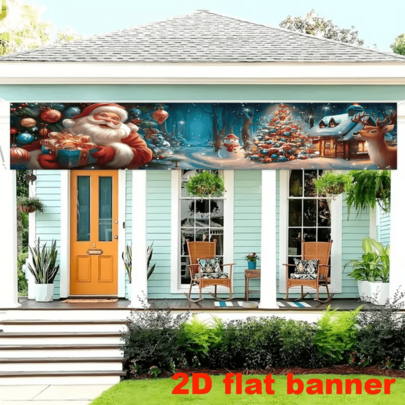 2D Planar Christmas Fence Background Fabric, Featuring Elements Such As Santa Claus Holding Gifts, Snow Reindeer, Colorful Lighted Christmas Tree And Cozy Wooden House, Combined With Starry Night Scenery And Pine Branches Decoration. No Power Supply