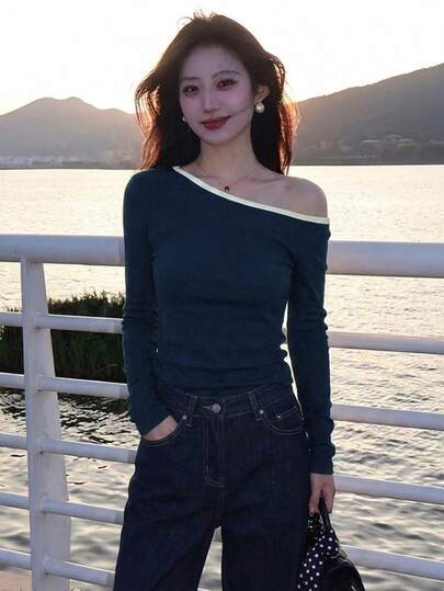 YCYC Korean Style Gentle Chic Solid Color Versatile Asymmetric Shoulder Cutout Long Sleeve T-Shirt For Women