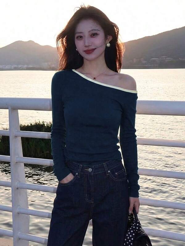 YCYC 韓系溫柔時髦純色百搭不對稱露肩挖空長袖女款T恤