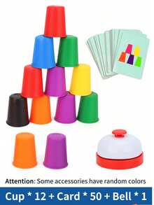 (Random Color) 50 Cards 12 Cups 1 Bell/50 Cards 6 Cups Game Set Educational Competition Stacking Cups, Desktop Game Stacking Tower Game Christmas Gift Interactive Toy - Multicolor - View 7