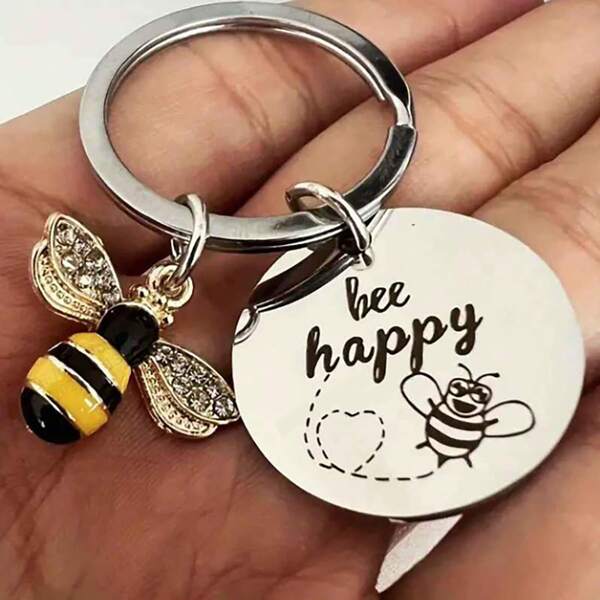 Bee Happy Stainless Steel Inspirational Keychain, Cute Y2K Goth Bag & Car Charm. Sweet Joyful Gift For Women, Family, Teachers For Birthdays