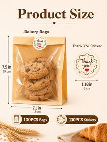 100PCS Bakery Bags With Clear Window, 7.5 X 7.1 In Kraft Paper Treat Bags With 100 Thank You Stickers, Christmas Gift And New Year Gift Making Bags For Bread, Cookies, Pastries, School Events, Small Business, Party Favors And Holiday Packaging - Brown - View 9