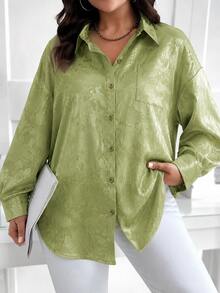 Blus Premium Wanita Ukuran Besar Elegan Lengan Panjang Berkerah dengan Motif Cetak, Cocok untuk Kencan dan Pakaian Sehari-hari, Atasan Musim Gugur - Hijau - View 1