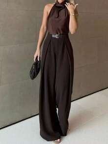 Women's High Waist Wide Leg Pleated Front Long Suit Pants, Loose Fit, Suitable For Spring Commute Office Business Casual - Brown - View 5