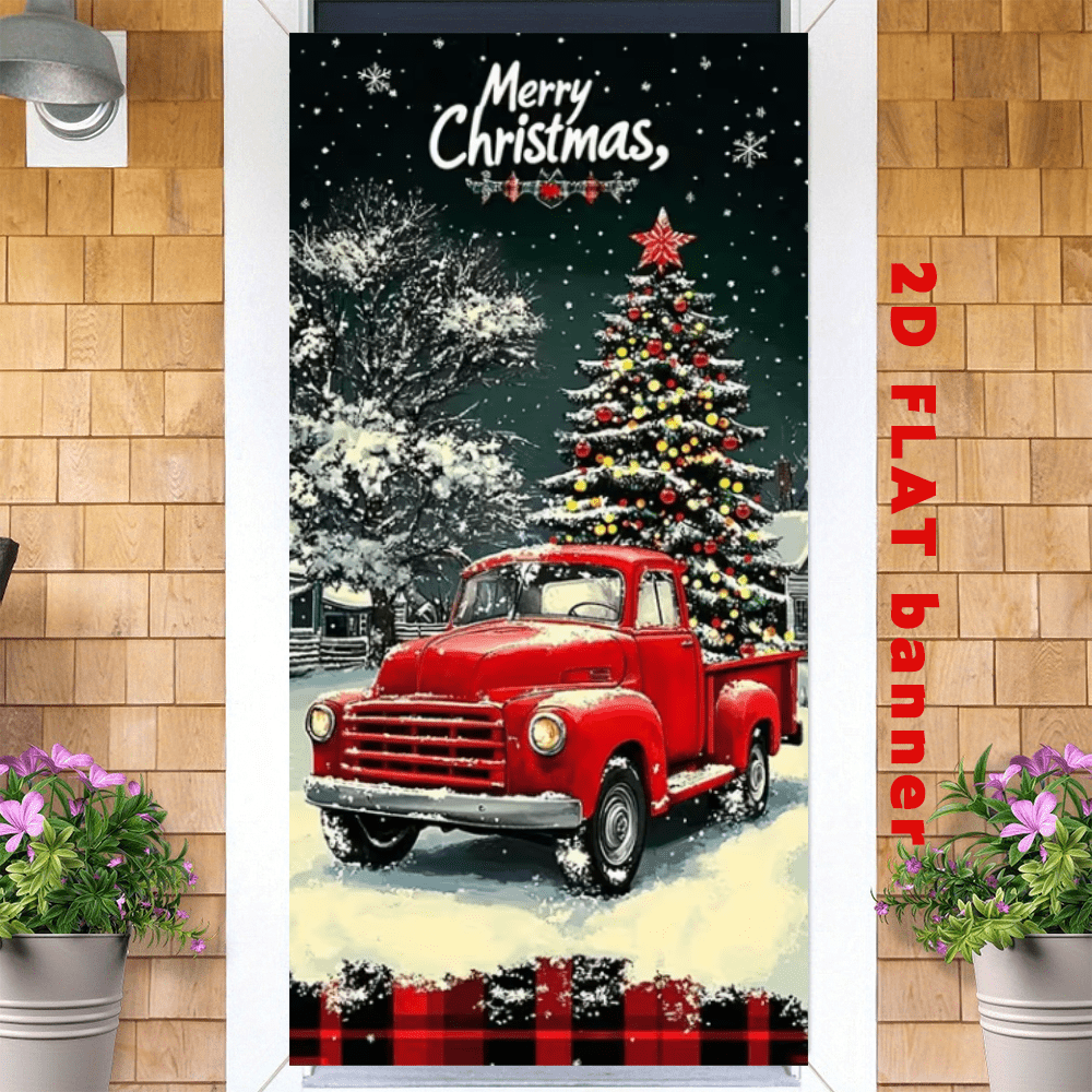 2D Flag - Christmas Theme Banner Background, Retro Red Pickup Truck With A Decorated Christmas Tree, Snowflake Elements, With The Words "Merry Christmas" Printed On It, Bottom Featuring A Red And Black Checkered Design, No Power Supply Required