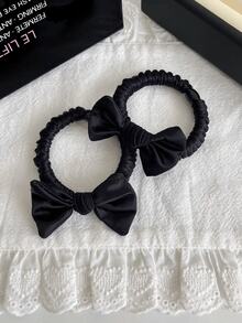 4pcs/Pc Satin Mini Bow Ruched Hair Ties, Elastic Fabric Hair Scrunchies, Elegant Neutral-Tone Hair Bands For Daily Hairstyling - Multicolor - View 10