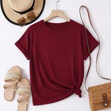Women's Cotton T-Shirt, "Travel Is My Relax" Letter,Airplane & Heart Print,Loose Round Neck Short Sleeve Tee,Breathable For Summer Daily Wear - 酒紅色 - 查看 4