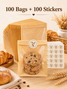 100PCS Bakery Bags With Clear Window, 7.5 X 7.1 In Kraft Paper Treat Bags With 100 Thank You Stickers, Christmas Gift And New Year Gift Making Bags For Bread, Cookies, Pastries, School Events, Small Business, Party Favors And Holiday Packaging - Brown - View 10