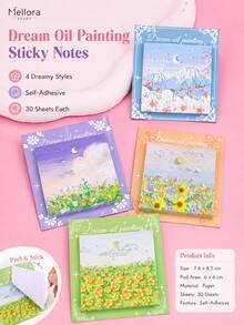 2PCS Selectable Oil Painting Landscape Self-Adhesive Sticky Notes, 30 Sheets Per Pad Removable Scenery Memo Paper For Household Office Document Marking & Daily Journal Annotation - Multiple Styles - View 3