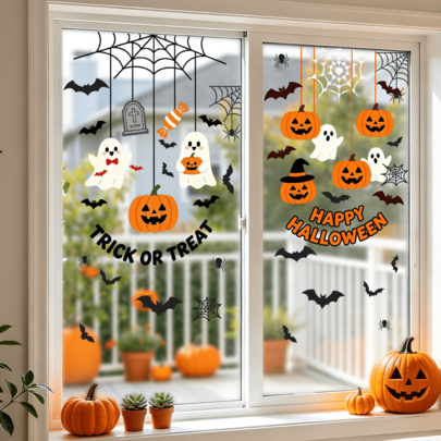Cartoon Ghost Pumpkin Halloween Window Stickers, Double-Sided Visible PVC Electrostatic Adsorption Glass Stickers, Suitable For Coffee Shop Windows, Living Rooms, Bedrooms, And Home Window Decoration.