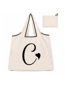 Sac cabas blanc à la mode avec initiale artistique A-Z noire, design avec bordure noire, matériau en taffetas enduit de polyester, sac de courses pliable et portable, sac cabas grande capacité pour femmes avec design facile à plier, convient pour un usage quotidien, les voyages, les vacances, l'école, la rentrée scolaire, le travail et les courses, chariot multifonctionnel, poignée robuste, cadeau pour la fête des enseignants, saison de la rentrée scolaire, fête de l'indépendance, voyage de vacances - Multicolore - Voir 34