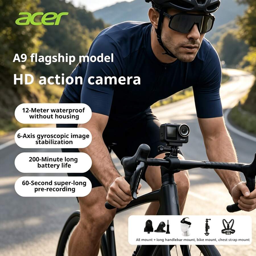 Acer Kamera Aksi Pencitraan Unggulan A9, Stabilisasi Gambar Definisi Tinggi 4K, Kamera Vlog Berkendara Sepeda Motor di Luar Ruangan, Perekam Lari, Edisi Standar A9 [Kartu Memori Kecepatan Tinggi 32G] - View 1