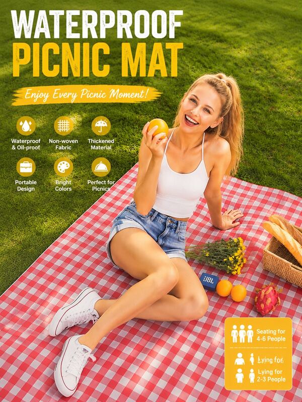 Extra Large Picnic Outdoor Blanket,60''x80''/ 80''x80''/120''x80''Waterproof Foldable Blankets Gingham Picnic Mat For Beach, Camping Water-Resistant Spring Summer Camping Blanket