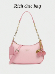 Fashion Versatile PU Waterproof Fabric M Letter Pattern Shoulder Bag, Printed Design Metal Chain Decoration  Pink Baguette Bag With Cherry Pendant