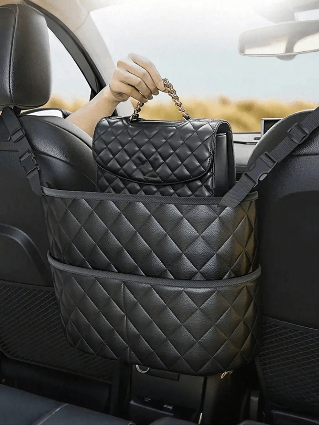 Organizador de almacenamiento de asiento de coche de cuero PU con estilo de bolso, estante de almacenamiento ordenado adecuado para mujeres
