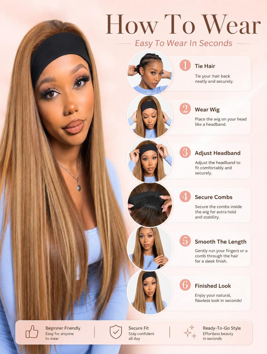 Honey Blonde Straight Headband Wig Synthetic Long Silky Hair Beginner Friendly Secure Combs Ready To Go Easy Wear Daily Fashion Wig - Gold - View 1